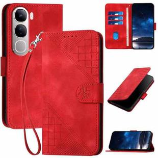 For vivo Y300 / V40 Lite 4G / 5G IDN Grid Butterfly Embossed Pattern Leather Phone Case with Lanyard(Red)