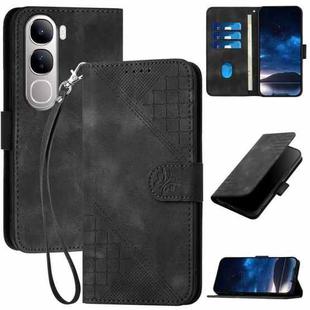 For vivo Y300 / V40 Lite 4G / 5G IDN Grid Butterfly Embossed Pattern Leather Phone Case with Lanyard(Black)