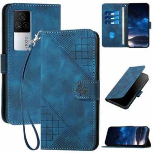 For vivo iQOO 7 India / iQOO Neo5 Grid Butterfly Embossed Pattern Leather Phone Case with Lanyard(Dark Blue)