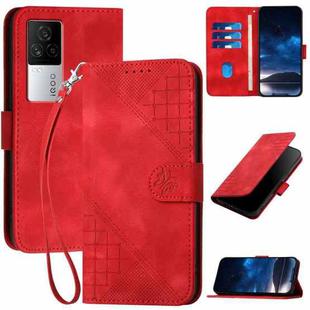 For vivo iQOO 7 India / iQOO Neo5 Grid Butterfly Embossed Pattern Leather Phone Case with Lanyard(Red)
