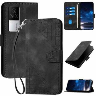 For vivo iQOO 7 India / iQOO Neo5 Grid Butterfly Embossed Pattern Leather Phone Case with Lanyard(Black)