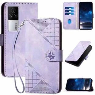 For vivo iQOO 7 India / iQOO Neo5 Grid Butterfly Embossed Pattern Leather Phone Case with Lanyard(Light Purple)