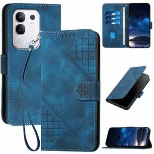 For vivo Y29 4G Grid Butterfly Embossed Pattern Leather Phone Case with Lanyard(Dark Blue)
