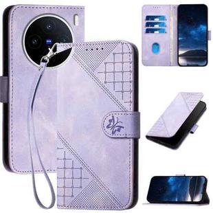 For vivo X200s Grid Butterfly Embossed Pattern Leather Phone Case with Lanyard(Light Purple)
