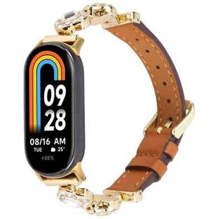 For Xiaomi Smart Band 9 / 8 Metal Diamond Leather Bracelet Watch Band(Gold Brown)