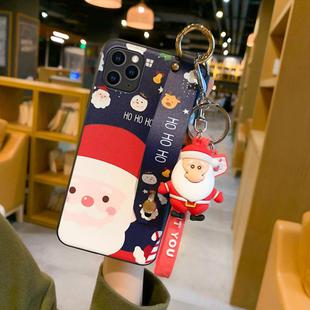 For iPhone 11 Pro Max Christmas Series Painted Pattern TPU Case with Wristband Holder & Pendant(Blue Santa Claus + Santa Claus Buckle)