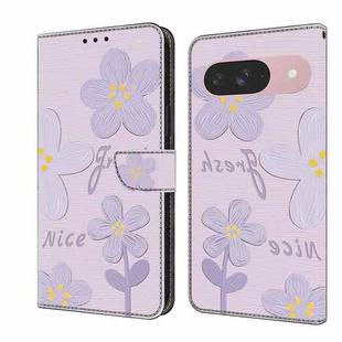 For Google Pixel 9 / 9 Pro Fresh Painted Leather Phone Case(Dark Purple Flowers)