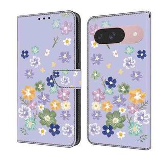 For Google Pixel 9 / 9 Pro Fresh Painted Leather Phone Case(Purple Floral)