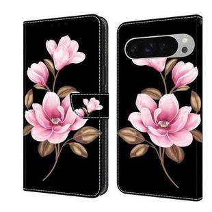 For Google Pixel 9 Pro XL Fresh Painted Leather Phone Case(Black Flowers)