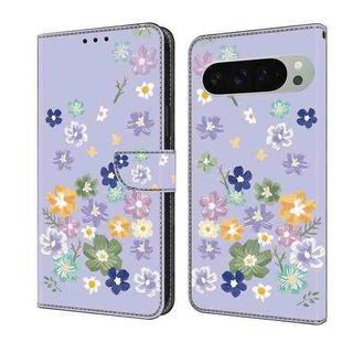 For Google Pixel 9 Pro XL Fresh Painted Leather Phone Case(Purple Floral)