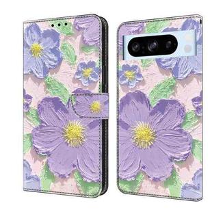 For Google Pixel 8 Pro Fresh Painted Leather Phone Case(Oil Painting Purple Flowers)