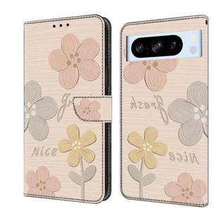 For Google Pixel 8 Pro Fresh Painted Leather Phone Case(Beige Flowers)