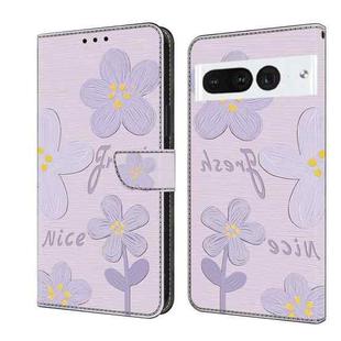 For Google Pixel 7 Pro Fresh Painted Leather Phone Case(Dark Purple Flowers)