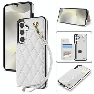 For Samsung Galaxy S25+ 5G Rhombic Dual Buckle Card Slots Phone Case with Lanyard(White)