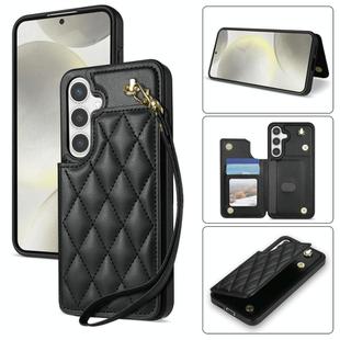 For Samsung Galaxy S25+ 5G Rhombic Dual Buckle Card Slots Phone Case with Lanyard(Black)