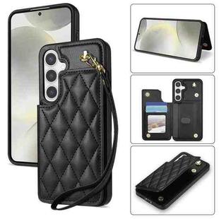 For Samsung Galaxy S24+ 5G Rhombic Dual Buckle Card Slots Phone Case with Lanyard(Black)