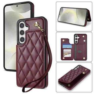 For Samsung Galaxy S24+ 5G Rhombic Dual Buckle Card Slots Phone Case with Lanyard(Wine Red)