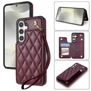 For Samsung Galaxy S24 5G Rhombic Dual Buckle Card Slots Phone Case with Lanyard(Wine Red)