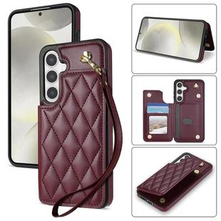 For Samsung Galaxy S24 FE 5G Rhombic Dual Buckle Card Slots Phone Case with Lanyard(Wine Red)