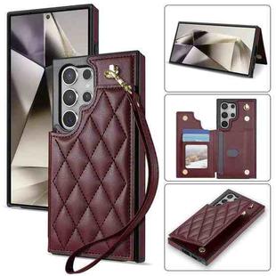 For Samsung Galaxy S23 Ultra 5G Rhombic Dual Buckle Card Slots Phone Case with Lanyard(Wine Red)
