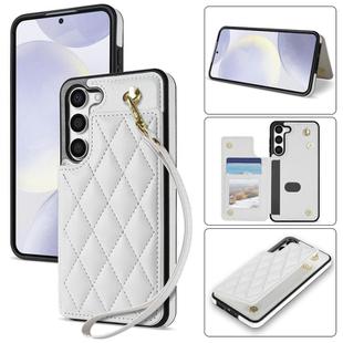 For Samsung Galaxy S23+ 5G Rhombic Dual Buckle Card Slots Phone Case with Lanyard(White)