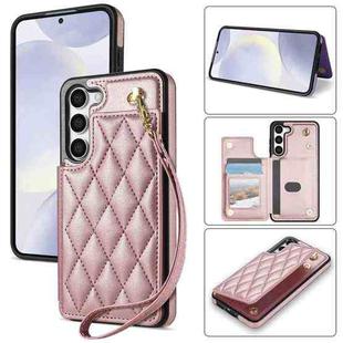 For Samsung Galaxy S23+ 5G Rhombic Dual Buckle Card Slots Phone Case with Lanyard(Rose Gold)