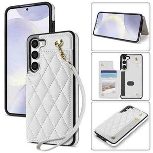 For Samsung Galaxy S23 5G Rhombic Dual Buckle Card Slots Phone Case with Lanyard(White)