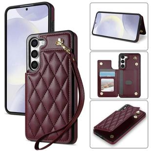 For Samsung Galaxy S23 5G Rhombic Dual Buckle Card Slots Phone Case with Lanyard(Wine Red)