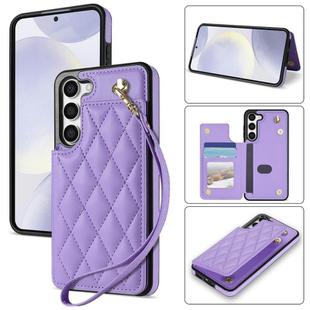 For Samsung Galaxy S23 5G Rhombic Dual Buckle Card Slots Phone Case with Lanyard(Purple)