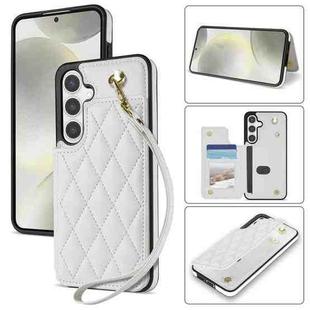 For Samsung Galaxy S23 FE 5G Rhombic Dual Buckle Card Slots Phone Case with Lanyard(White)