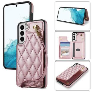For Samsung Galaxy S21+ 5G Rhombic Dual Buckle Card Slots Phone Case with Lanyard(Rose Gold)