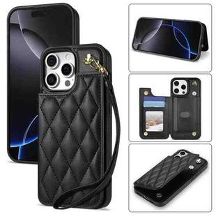 For iPhone 16 Pro Max Rhombic Dual Buckle Card Slots Phone Case with Lanyard(Black)