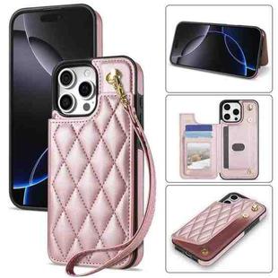 For iPhone 16 Pro Max Rhombic Dual Buckle Card Slots Phone Case with Lanyard(Rose Gold)