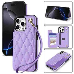 For iPhone 16 Pro Max Rhombic Dual Buckle Card Slots Phone Case with Lanyard(Purple)