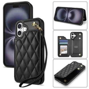 For iPhone 16 Plus Rhombic Dual Buckle Card Slots Phone Case with Lanyard(Black)