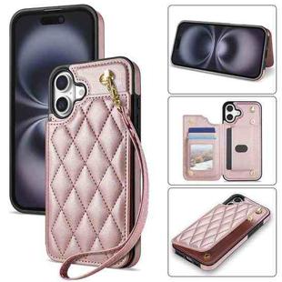 For iPhone 16 Plus Rhombic Dual Buckle Card Slots Phone Case with Lanyard(Rose Gold)