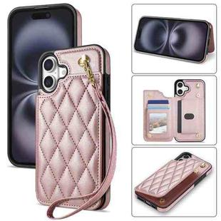 For iPhone 16 Rhombic Dual Buckle Card Slots Phone Case with Lanyard(Rose Gold)