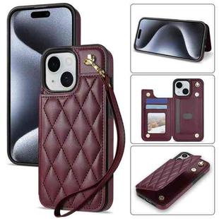 For iPhone 15 Plus Rhombic Dual Buckle Card Slots Phone Case with Lanyard(Wine Red)