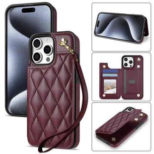 For iPhone 14 Pro Max Rhombic Dual Buckle Card Slots Phone Case with Lanyard(Wine Red)