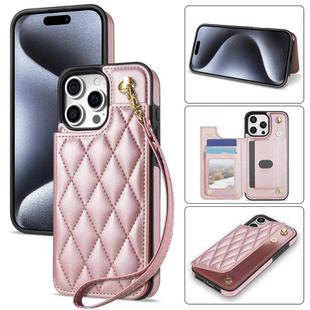 For iPhone 14 Pro Max Rhombic Dual Buckle Card Slots Phone Case with Lanyard(Rose Gold)