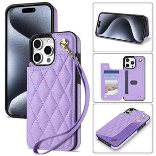 For iPhone 14 Pro Rhombic Dual Buckle Card Slots Phone Case with Lanyard(Purple)