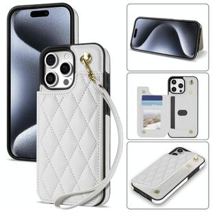 For iPhone 13 Pro Max Rhombic Dual Buckle Card Slots Phone Case with Lanyard(White)