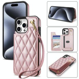 For iPhone 13 Pro Max Rhombic Dual Buckle Card Slots Phone Case with Lanyard(Rose Gold)