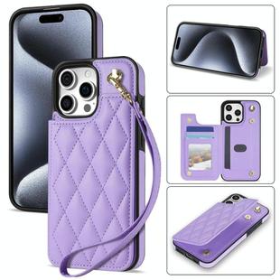 For iPhone 13 Pro Max Rhombic Dual Buckle Card Slots Phone Case with Lanyard(Purple)