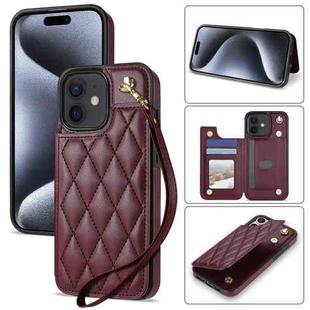 For iPhone 12 / 12 Pro Rhombic Dual Buckle Card Slots Phone Case with Lanyard(Wine Red)