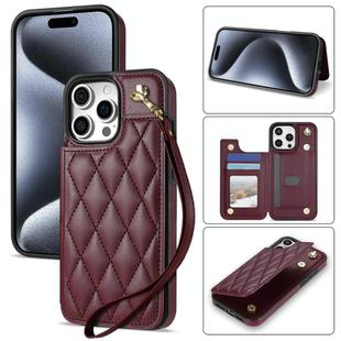 For iPhone 11 Pro Rhombic Dual Buckle Card Slots Phone Case with Lanyard(Wine Red)
