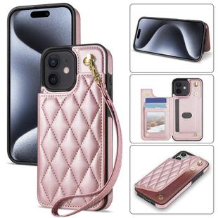 For iPhone 11 Rhombic Dual Buckle Card Slots Phone Case with Lanyard(Rose Gold)