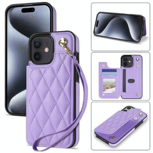 For iPhone 11 Rhombic Dual Buckle Card Slots Phone Case with Lanyard(Purple)