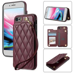 For iPhone SE 2022 / 2020 / 8 / 7 Rhombic Dual Buckle Card Slots Phone Case with Lanyard(Wine Red)