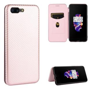 For OnePlus 5 Carbon Fiber Texture Horizontal Flip TPU + PC + PU Leather Case with Card Slot(Pink)